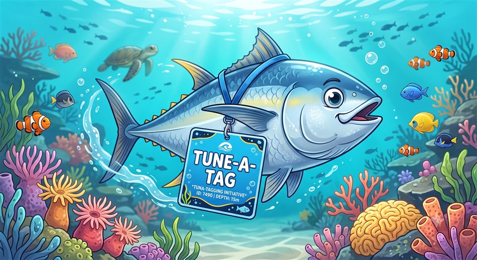 TuneATag artwork: a cartoon tuna wearing a Tune-A-Tag badge